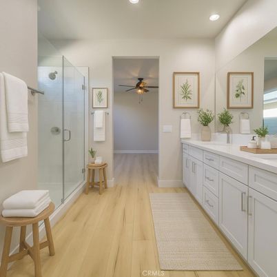 Bathroom, Glass Shower, Interior, Recessed Lighting, Wood Texture Flooring