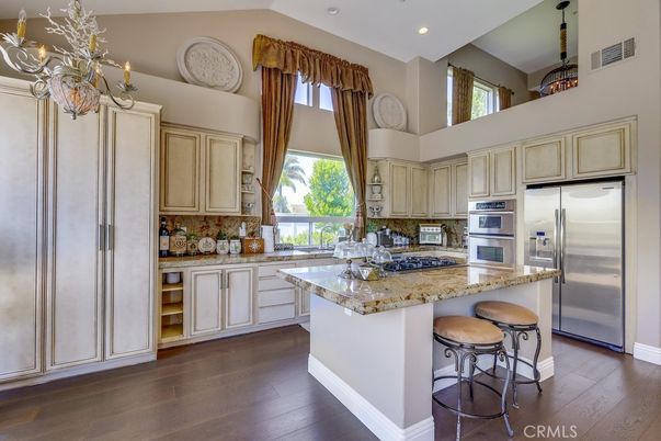 Chandelier, Interior, Kitchen, Recessed Lighting, Stainless Steel Appliances, Wood Texture Flooring