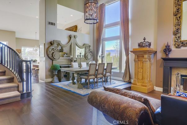 Dining room, Fireplace, Interior, Pendant Lights, Recessed Lighting, Wood Texture Flooring