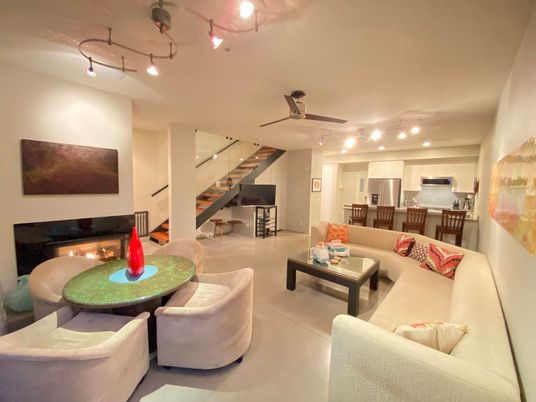 Fireplace, Interior, Kitchen, Living room, Recessed Lighting, Stainless Steel Appliances