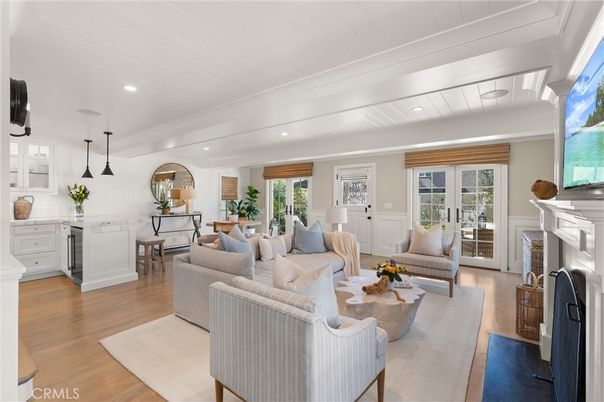 Dining room, Fireplace, Interior, Kitchen, Living room, Pendant Lights, Recessed Lighting, Wood Texture Flooring