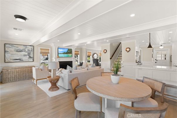 Dining room, Fireplace, Interior, Kitchen, Living room, Pendant Lights, Recessed Lighting, Wood Texture Flooring