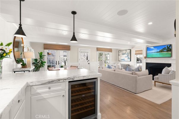 Fireplace, Interior, Kitchen, Living room, Pendant Lights, Recessed Lighting, Wood Texture Flooring