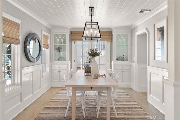 Dining room, Interior, Pendant Lights, Wood Texture Flooring