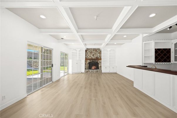 Empty room, Fireplace, Interior, Recessed Lighting, Wood Texture Flooring