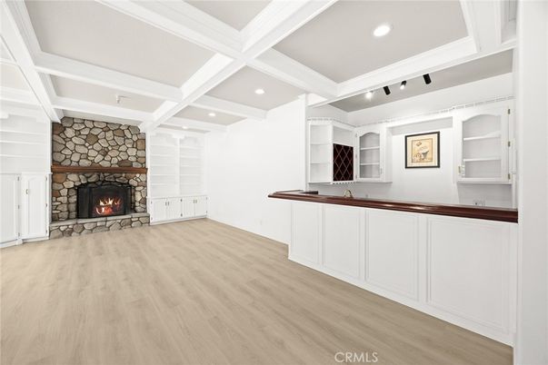 Empty room, Fireplace, Interior, Recessed Lighting, Wood Texture Flooring