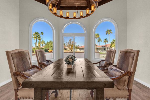 Chandelier, Dining room, Interior, Pendant Lights, Wooden Beams, Wood Texture Flooring