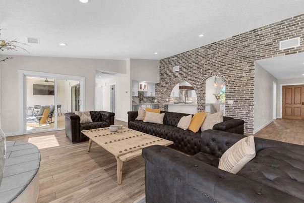 Interior, Living room, Recessed Lighting, Stone Walls, Wood Texture Flooring