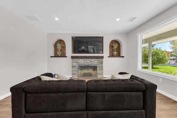 Fireplace, Interior, Living room, Recessed Lighting, Wood Texture Flooring