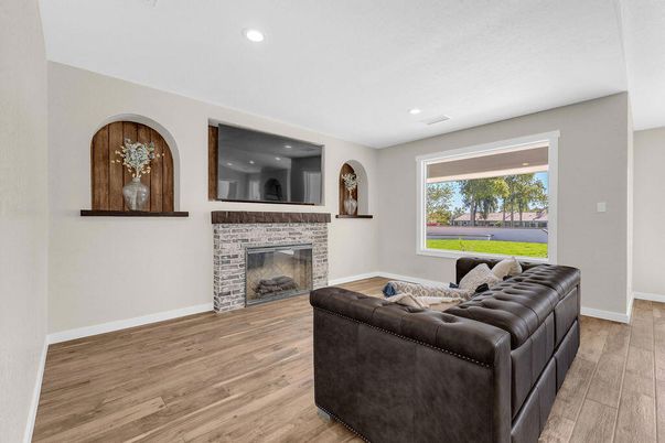 Fireplace, Interior, Living room, Recessed Lighting, Wood Texture Flooring