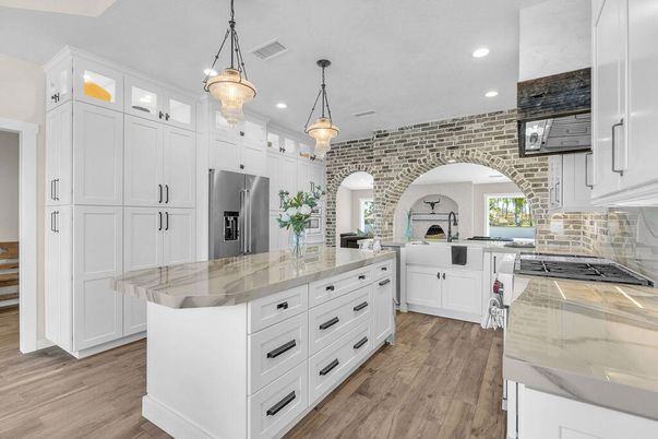 Interior, Kitchen, Pendant Lights, Recessed Lighting, Stainless Steel Appliances, Stone Walls, Wood Texture Flooring