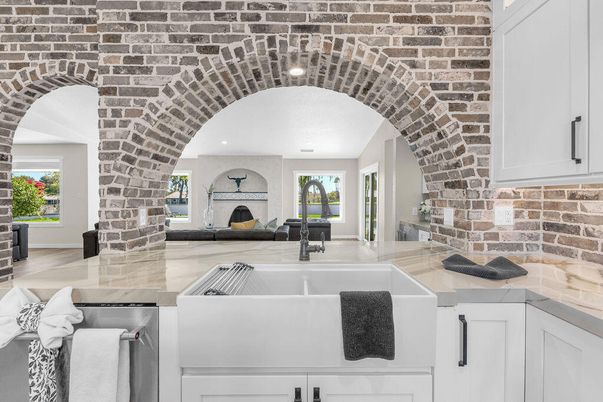 Fireplace, Interior, Kitchen, Recessed Lighting, Stone Walls