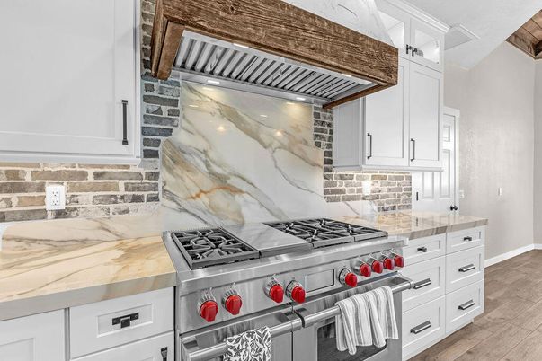 Interior, Kitchen, Marble Walls, Stainless Steel Appliances, Wood Texture Flooring