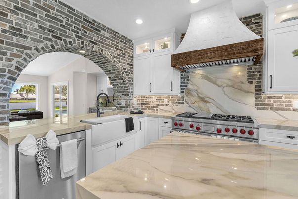 Interior, Kitchen, Recessed Lighting, Stainless Steel Appliances, Stone Walls