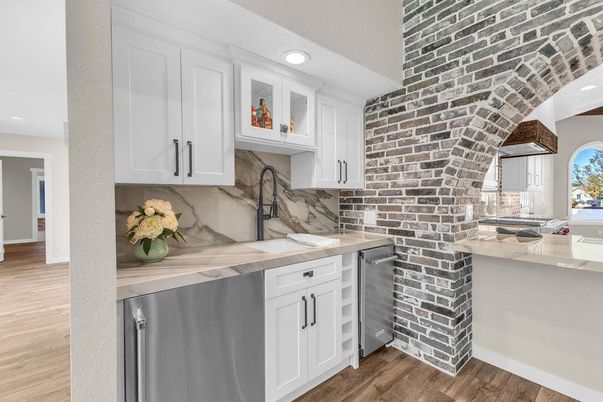 Interior, Kitchen, Recessed Lighting, Stainless Steel Appliances, Stone Walls, Wood Texture Flooring