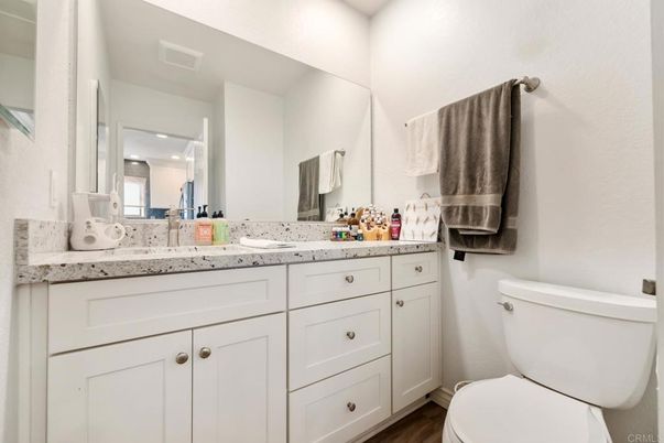 Bathroom, Dual Sink Vanities, Interior, Recessed Lighting, Wood Texture Flooring