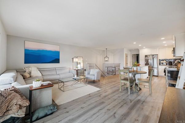 Dining room, Interior, Kitchen, Living room, Pendant Lights, Recessed Lighting, Stainless Steel Appliances, Wood Texture Flooring