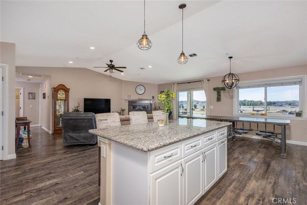 Fireplace, Interior, Kitchen, Pendant Lights, Recessed Lighting, Wood Texture Flooring