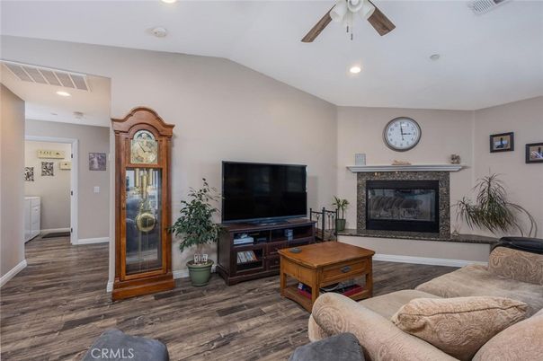 Fireplace, Interior, Living room, Recessed Lighting, Wood Texture Flooring
