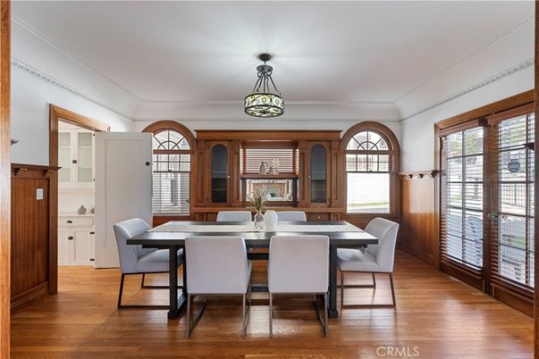 Dining room, Interior, Pendant Lights, Wood Texture Flooring