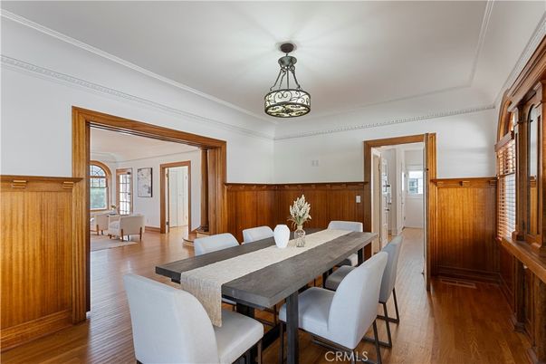 Dining room, Interior, Pendant Lights, Wood Texture Flooring