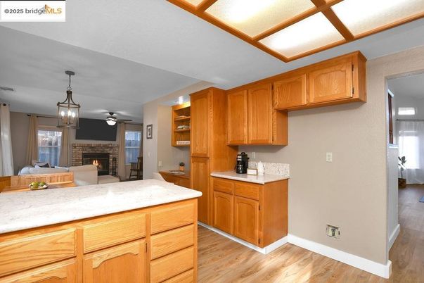 Fireplace, Interior, Kitchen, Pendant Lights, Wood Texture Flooring