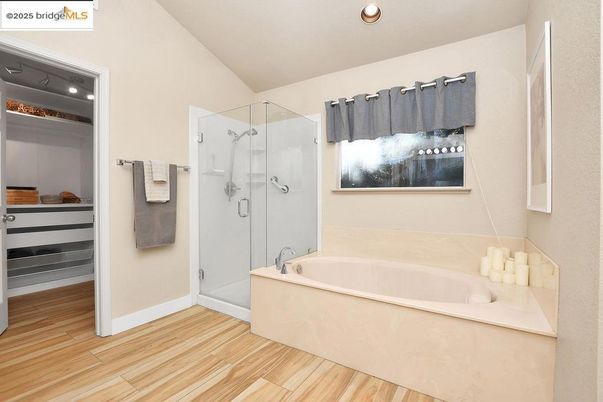 Bathroom, Glass Shower, Interior, Recessed Lighting, Wood Texture Flooring