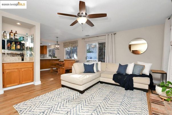Chandelier, Dining room, Interior, Kitchen, Living room, Recessed Lighting, Wood Texture Flooring