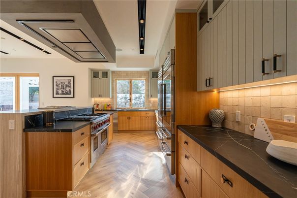 Interior, Kitchen, Tile Countertops, Wood Texture Flooring