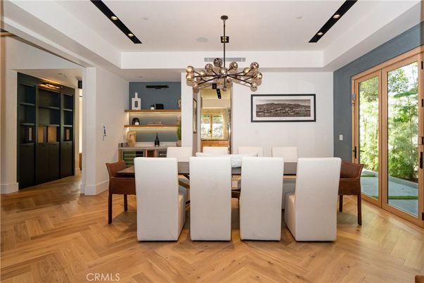 Dining room, Interior, Pendant Lights, Recessed Lighting, Wood Texture Flooring