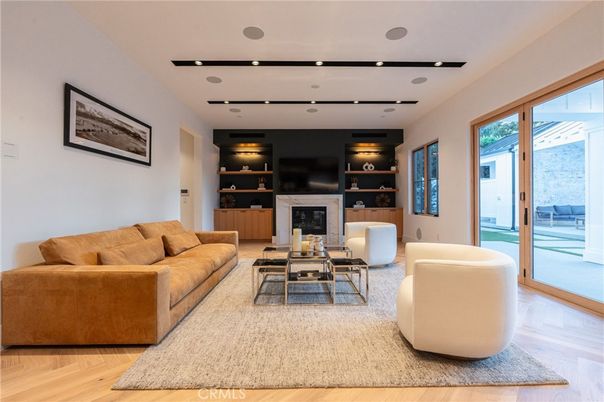 Fireplace, Interior, Living room, Recessed Lighting, Wood Texture Flooring