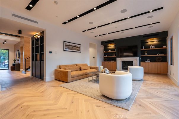 Fireplace, Interior, Living room, Recessed Lighting, Wood Texture Flooring