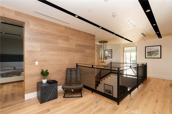 Bedroom, Interior, Pendant Lights, Recessed Lighting, Wood Texture Flooring, Wooden Walls