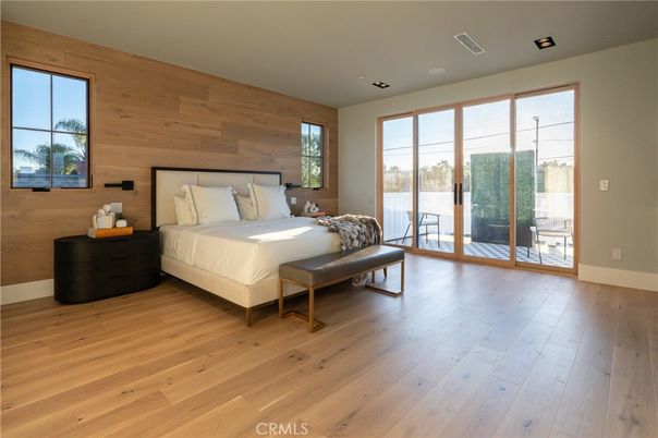 Bedroom, Interior, Recessed Lighting, Wood Texture Flooring, Wooden Walls