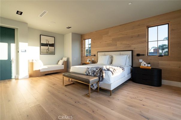Bedroom, Interior, Recessed Lighting, Wood Texture Flooring, Wooden Walls