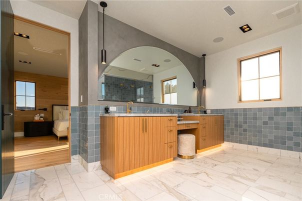Bathroom, Dual Sink Vanities, Interior, Marble, Recessed Lighting, Wood Texture Flooring, Wooden Walls