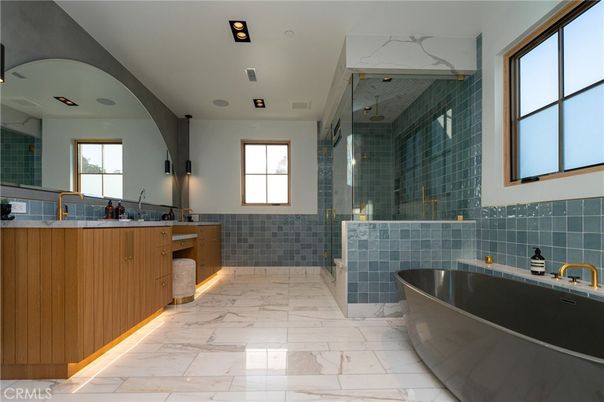 Bathroom, Dual Sink Vanities, Free Standing Baths, Glass Shower, Interior, Marble, Recessed Lighting