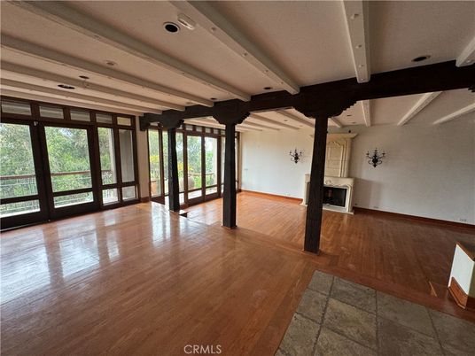 Empty room, Fireplace, Interior, Recessed Lighting, Wood Texture Flooring