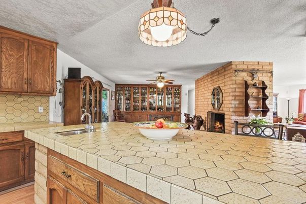 Dining room, Fireplace, Interior, Kitchen, Stone Walls, Tile Countertops