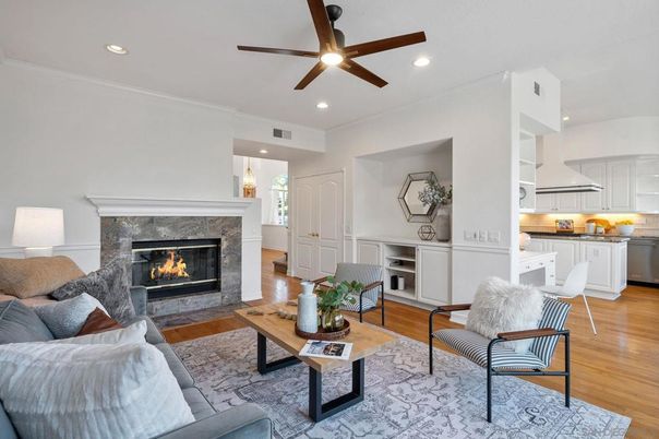 Fireplace, Interior, Kitchen, Living room, Recessed Lighting, Wood Texture Flooring
