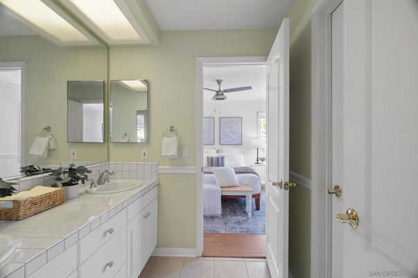Bathroom, Bedroom, Dual Sink Vanities, Interior, Tile Countertops, Wood Texture Flooring