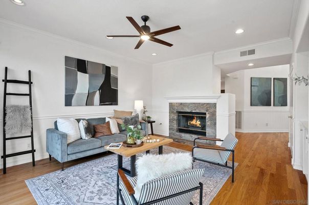 Fireplace, Interior, Living room, Recessed Lighting, Wood Texture Flooring