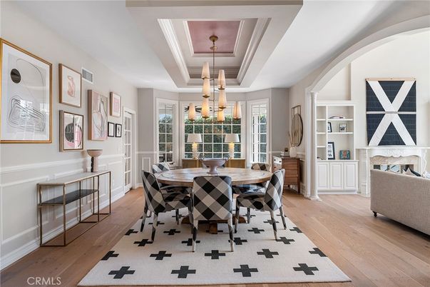 Dining room, Fireplace, Interior, Pendant Lights, Wood Texture Flooring