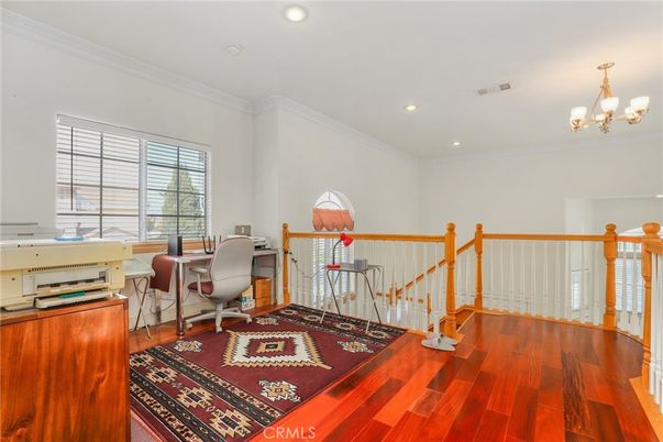 Chandelier, Home Office, Interior, Recessed Lighting, Wood Texture Flooring