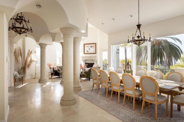 Chandelier, Dining room, Fireplace, Interior, Recessed Lighting