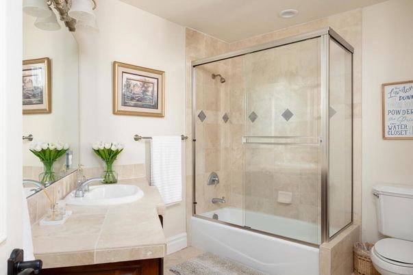 Bathroom, Glass Shower, Interior, Recessed Lighting, Tile Countertops