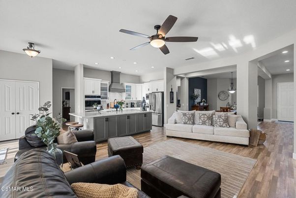 Dining room, Interior, Kitchen, Living room, Pendant Lights, Recessed Lighting, Stainless Steel Appliances, Wood Texture Flooring