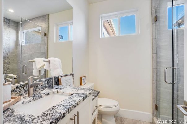 Bathroom, Glass Shower, Interior, Recessed Lighting, Wood Texture Flooring