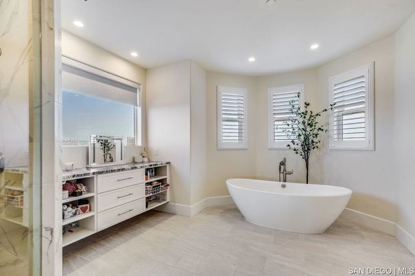 Bathroom, Dual Sink Vanities, Free Standing Baths, Interior, Marble Walls, Recessed Lighting