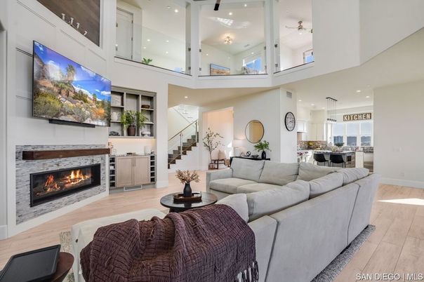 Dining room, Fireplace, Interior, Kitchen, Living room, Pendant Lights, Recessed Lighting, Wood Texture Flooring